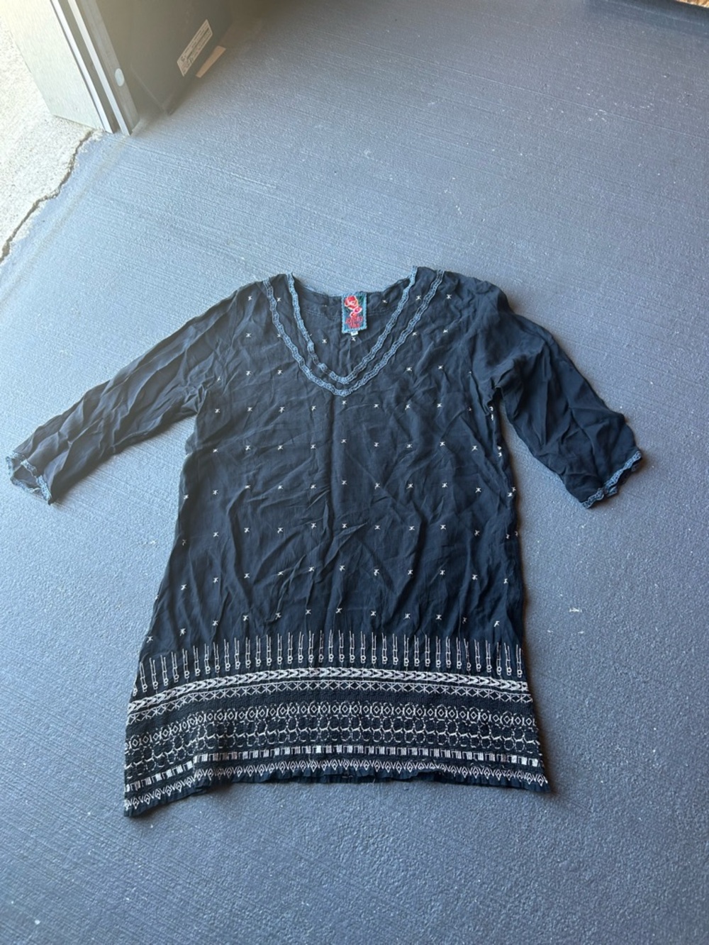 Johnny Was Black Embroidered V-Neck Tunic